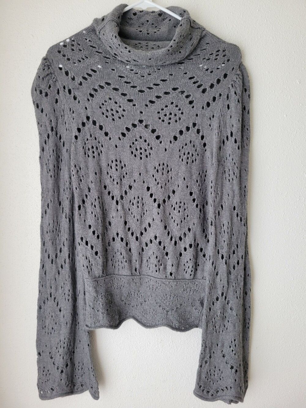 Free People Gray Open Knit Cowl Neck Long Sleeve Scalloped Hem Sweater S/P